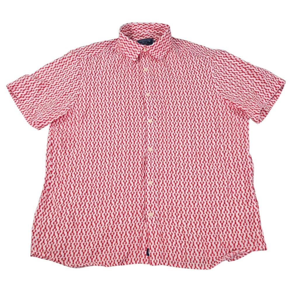 Vineyard Vines Men LG Red Lobster Print Linen Short Sleeve Camp Shirt Summer
